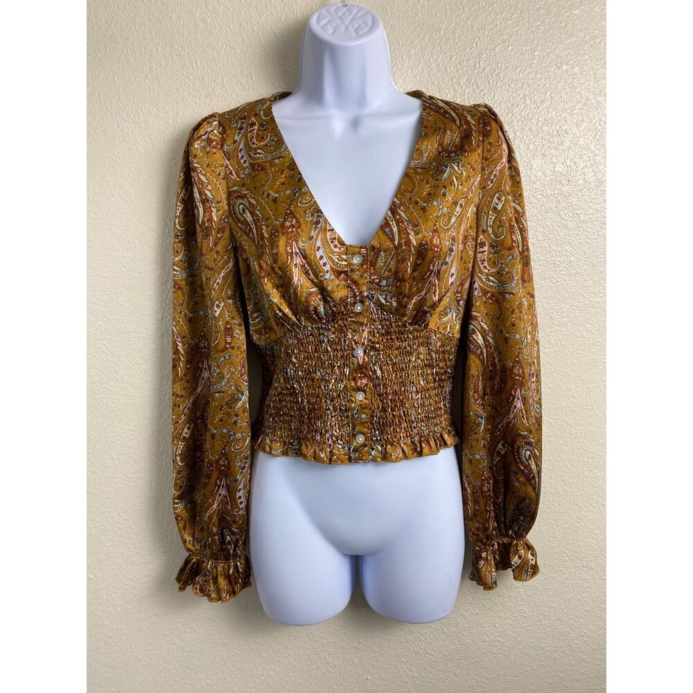 Lucy Paris Womens Coquette Long Sleeve Paisley Top size XS Smocked Waist Boho